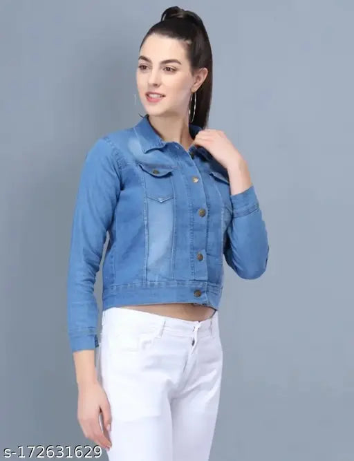 High-quality women's denim jacket, dyed/washed, three-quarter sleeves. Available in S, M, L, XL. Made in India