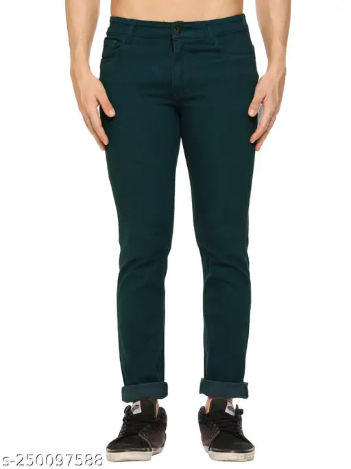 Just black mens straight green cotton blend jeans, solid net fit for casual wear