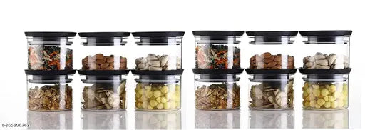 Black stackable kitchen storage container set (12 pieces, 500ml), ideal for rice, dal, atta, flour, cereals, snacks - transparent design for easy visibility and airtight seal for freshness