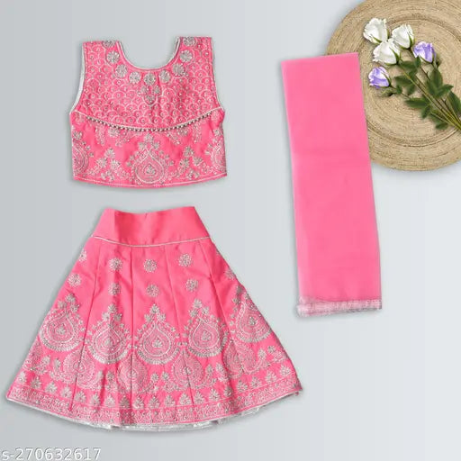 Cotton blend embroidered lehenga choli set with net dupatta, Indian ethnic wear for toddlers and kids