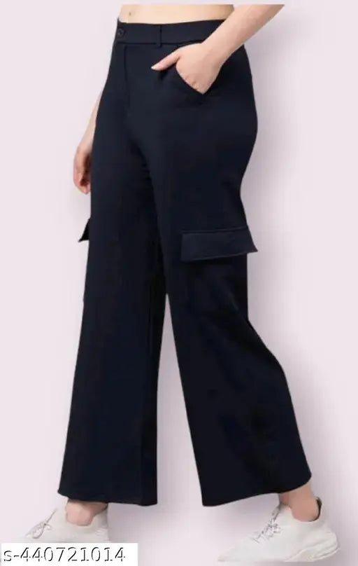Women's Premium Cotton Wide Leg 4 Pocket Cargos Trousers, solid color, versatile style, elastic waistband