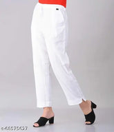 White pure cotton comfortable women's trouser pant by Yashu Creations, elastic waist and side pockets
