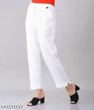 White pure cotton comfortable women's trouser pant by Yashu Creations, elastic waist and side pockets