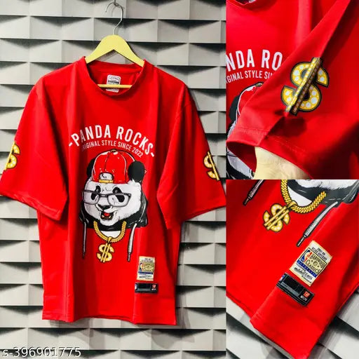 Rarescape Panda print oversized polyester t-shirt, three-quarter sleeves, imported fabric, size M-XXXL