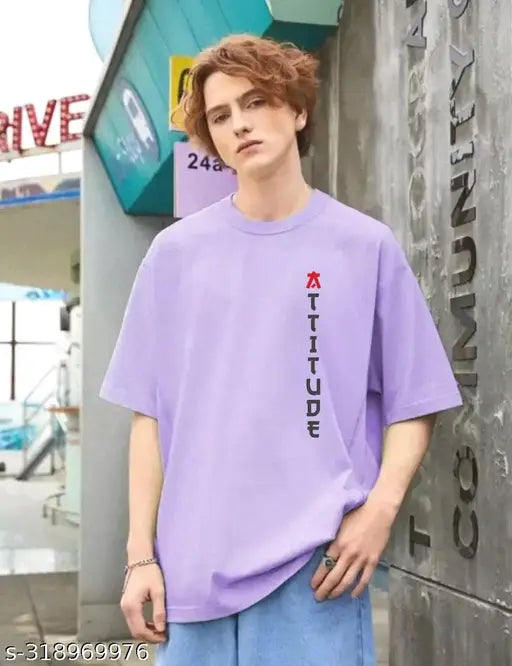 Lavender cotton blend graphic print round neck T-shirt, men's casual three-quarter sleeves tee for daily wear, India origin