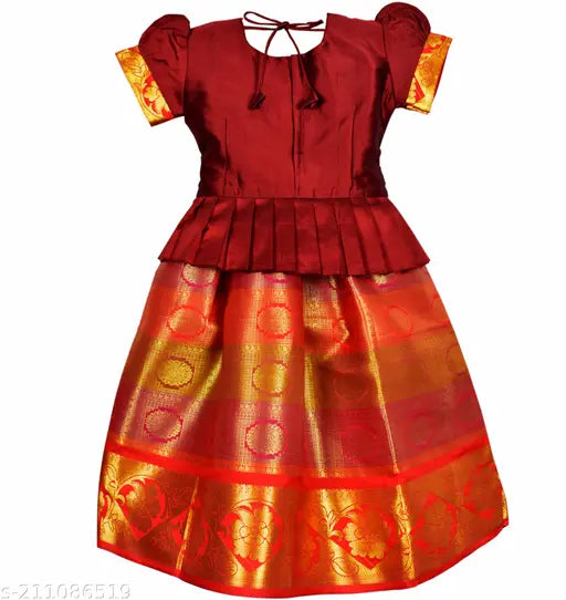 Pure art silk, embroidered PAPA SELVI pattu pavadai LEHENGA CHOLI for baby girls, ready to wear for festivals and functions