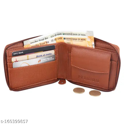 Tan faux leather round zip wallet for men, solid design with 3 card slots, coin pocket, and currency compartments. Well-crafted in high quality PU leather from India