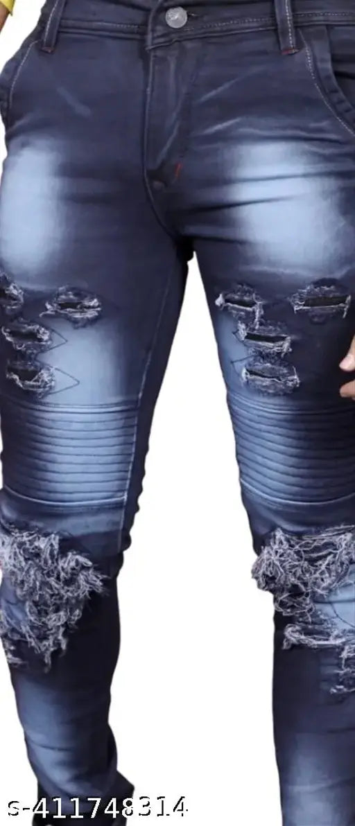 Casual glamorous cotton blend jeans, ruffle detail, dark color, men's size available