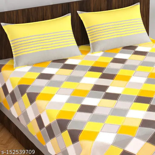 Yellow cotton checked flat sheets, perfect for adult summers. Arun Creation 144tc pure cotton, Jaipur print