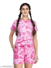 Evolove Women's cotton all-over print tie dyed shorts set, 100% cotton, round neck half sleeve tops with tapered leg and elastic waistband, easy-to-wear nightwear staples with side pockets and easy-care finish