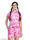 Evolove Women's cotton all-over print tie dyed shorts set, 100% cotton, round neck half sleeve tops with tapered leg and elastic waistband, easy-to-wear nightwear staples with side pockets and easy-care finish