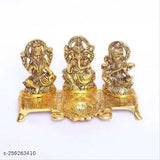 Gold-plated Laxmi Ganesh Saraswati idol set (14cm high) - Indian god decor for home, temple, or office