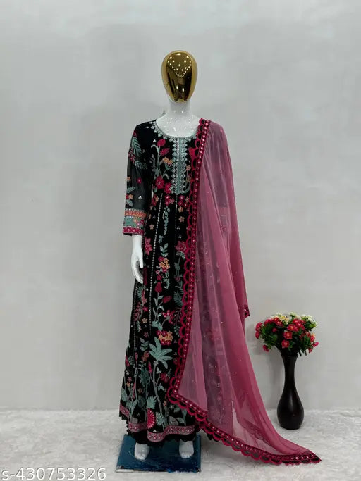 New Designer Georgette Embroidered Net Party Gown Set, three-quarter sleeves, Indian work attire
