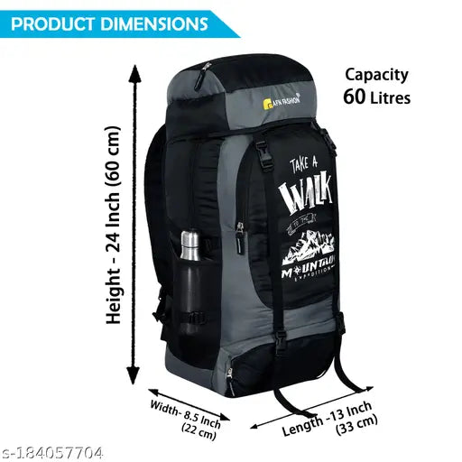 Large waterproof polyester laptop backpack, ideal for hiking, trekking, and camping. Durable UNISEX bag with free size. Measures 13cm x 7cm x 24cm. Made in India