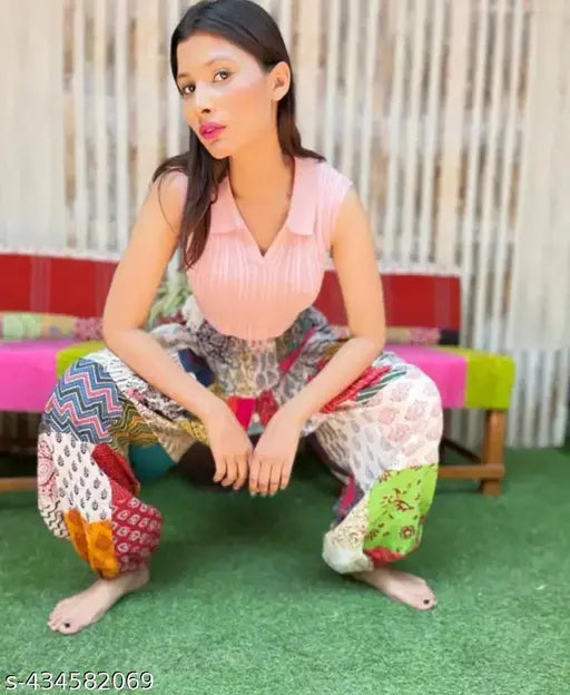 Multicolor patchwork print cotton harem pants, loose fit for men & women - comfortable yoga/lounge wear