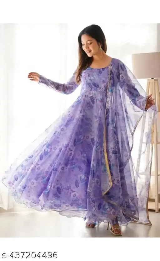 Blue Georgette Gown Set with Flower Print & Dupatta, Indian ethnic wear for women's functions & daily life