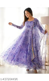 Blue Georgette Gown Set with Flower Print & Dupatta, Indian ethnic wear for women's functions & daily life
