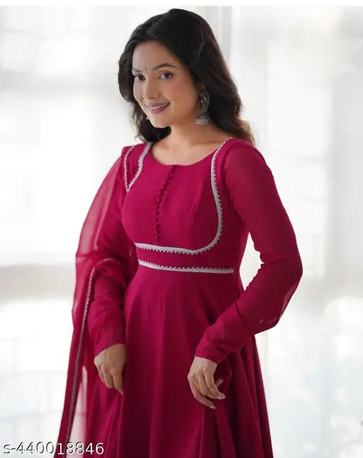 Georgette embroidery kurta with duppatta, solid pattern, long sleeves, India-made fashion wear for women