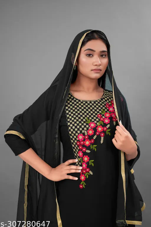 Black Rayon Kurta & Palazzos Set, embroidered floral design, A-line fit, three-quarter sleeves, daily wear essential, India origin