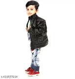 Kids' faux leather biker jacket with long sleeves, stand-up collar, and multiple pockets. Lightweight for spring wear. Available in sizes 4-5 Years, 5-6 Years, and 6-7 Years. Made in India