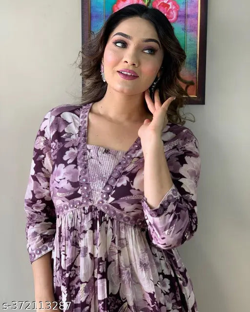 Rayon purple and multi-colored Aliya cut kurta pant with dupatta set for pretty women, embroidered work on daily use and festival wear