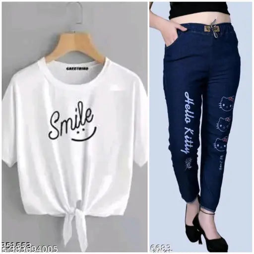 Unique cotton blend t-shirt with denim joggers, stylish and fashionable for casual wear