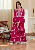 Chikankari embroidered rayon garara & sharara set in three-quarter sleeves, viscose rayon fabric, India origin