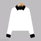 Women's solid white long-sleeve cotton blend t-shirt, stylish collared top from Justapose (India)