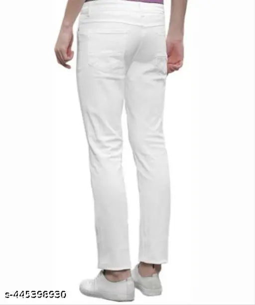 White denim slim fit knee-cut jeans for men, stretch material and solid pattern, size 28, 30, or 32