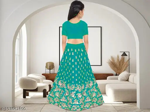 Trending kids jute silk lehenga with net dupatta set, embroidered and stitched cotton silken choli with short sleeves, 2-14 years sizes, Indian origin