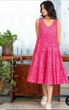 Pink rayon sleeveless print dress, vibrant floral design for women's party wear, stylish V-neck fit & flare style from India