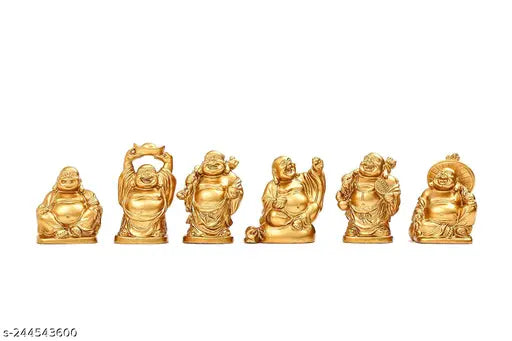 Gold polyresin laughing Buddha statue set with 6 different designs, popular decorative items used in shops, restaurants, and businesses