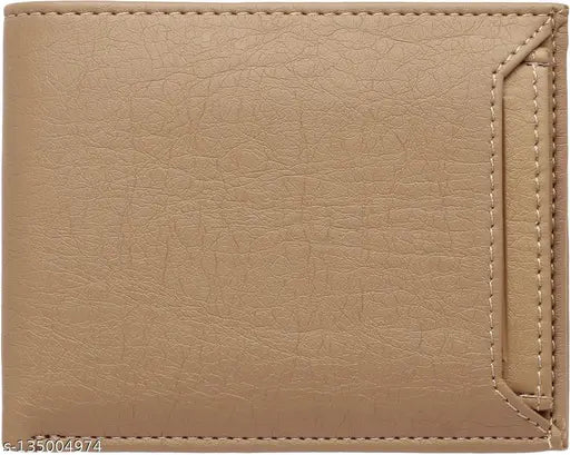 Beige PU artificial leather men's wallet with 6 card slots, classic bi-fold design, perfect for travel or formal occasions