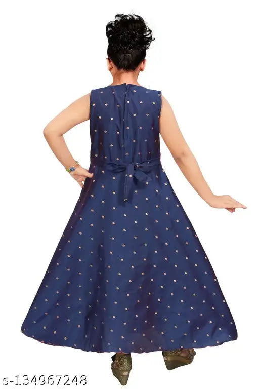 Blue satin maxi dress with traditional computer embroidery, sleeveless design for girls parties & special occasions