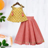 Girls cotton sleeveless top kurta with net dupatta and palazzo pant ethnic clothing set, vibrant print design, 9-10 years size