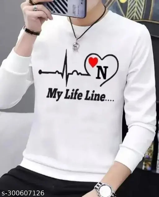 Long sleeve cotton 'full sleeves my line' T-shirt with printed net pattern, featuring Indian craftsmanship