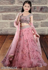 Pink net lehenga choli fusion wear, embroidered floral stitch ethnic set with dupatta. Girls' partywear for ages 3-14 years. Made in India