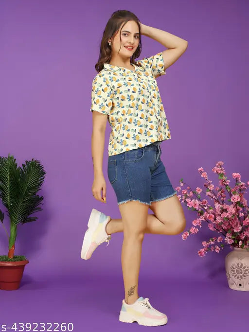 Hemp and polycotton short-sleeve printed shirt in citrus design, sustainable women's clothing (XS: 32in bust, 23in length; M: 36in bust, 23in length)