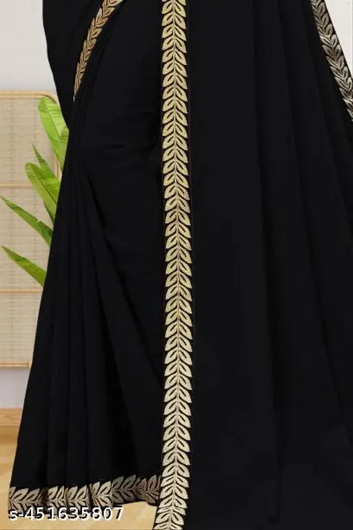 Black georgette Maharani lace saree with separate silk blouse, intricate lace border design