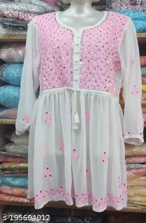 Net three-quarter sleeve Lucknowi Chikankari embroidered short gown for women, Indian traditional mirror work dress