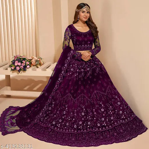 Embroidered semi-stitched women's lehenga choli and dupatta set in net fabric, Indian bridal wear with embroidery details, semi-stitched (waist size 42in, length 44in, dupatta length 2.2in)