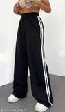 White cotton blend Patti Trouser pant, solid net stripe design for women's sizes S-XXXL. Comfortable jogger pajamas with two side stripes and pockets. Made in India