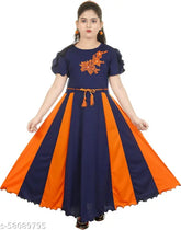 Blue and orange cotton blend party wear frock & dresses combo for kids (sizes: 4-5yrs, 5-6yrs, 6-7yrs, 7-8yrs, 8-9yrs, 9-10yrs, 10-11yrs, 11-12yrs), soft pure cotton, self-design net pattern