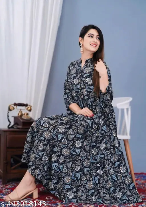 Blue printed rayon flared and three-quarter sleeves kurti for women, vibrant Indian fashion attire on display