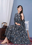 Blue printed rayon flared and three-quarter sleeves kurti for women, vibrant Indian fashion attire on display