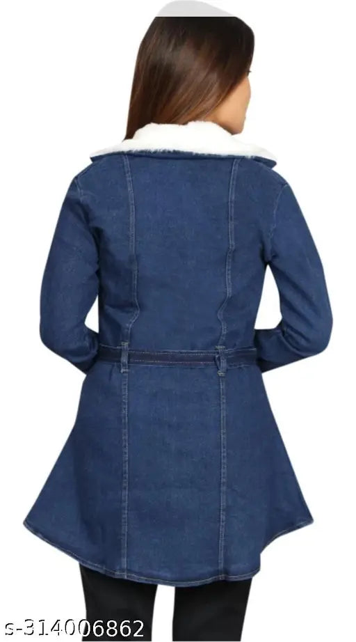 Denim solid-color long sleeve coat for women, stylish and fashionable, size 13-14 years (India origin)