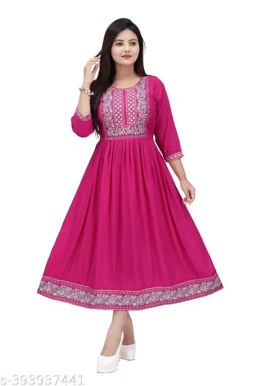 Pink trendy embroidered cotton rayon kurta, 3/4 sleeves, knee length - perfect casual wear, soft and comfortable