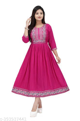 New trendy pink cotton rayon embroidery kurta with 3/4 sleeves, suitable for casual occasions. Soft and comfortable fabric for everyday wear