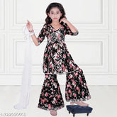 Dupion silk girls' Kurta Sharara & Dupatta set with lace embellishments, three-quarter sleeves. Indian ready-to-wear clothing for kids