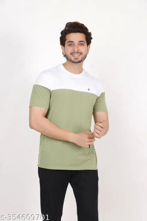 Colorblocked cotton blend men's t-shirt with printed pattern, short sleeves, XL size (chest 42in, length 29in), made in India
